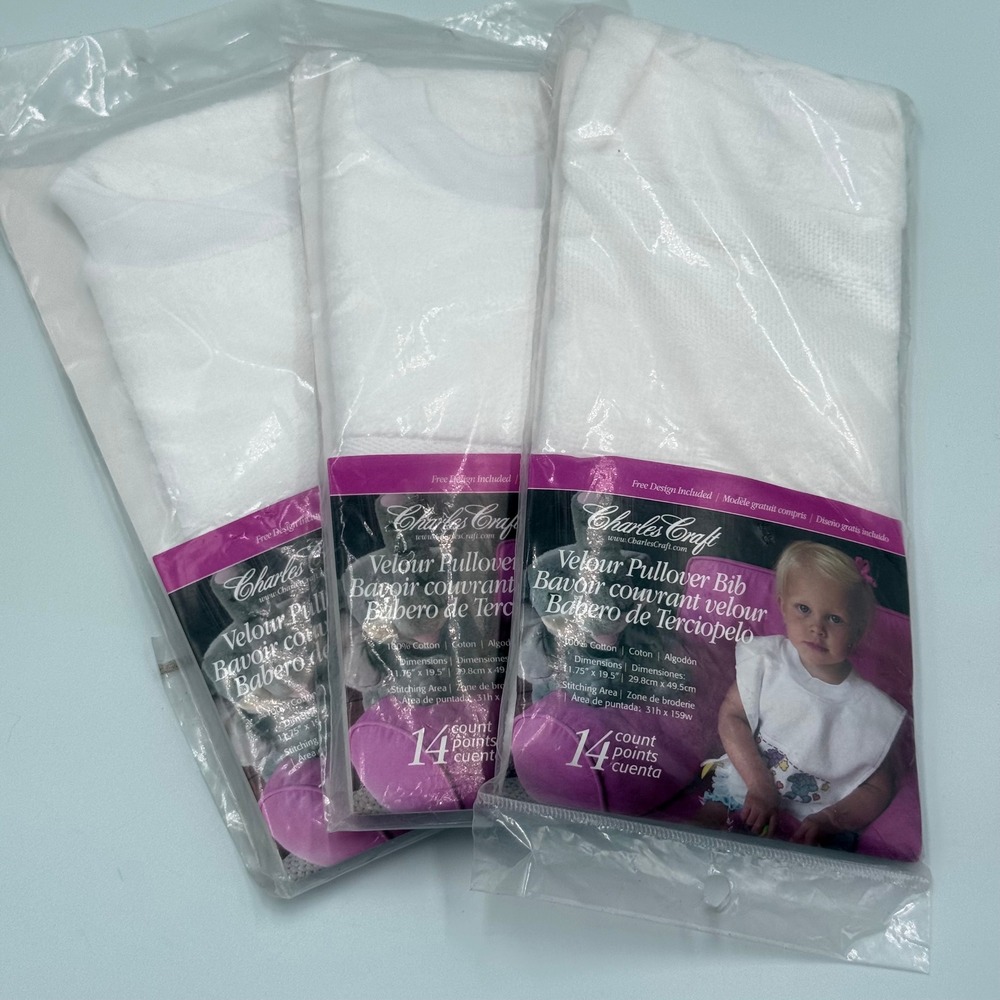 Lot of 3 Charles Craft White Velour Pullover Bibs 14 Count Aida Cross Stitch DMC